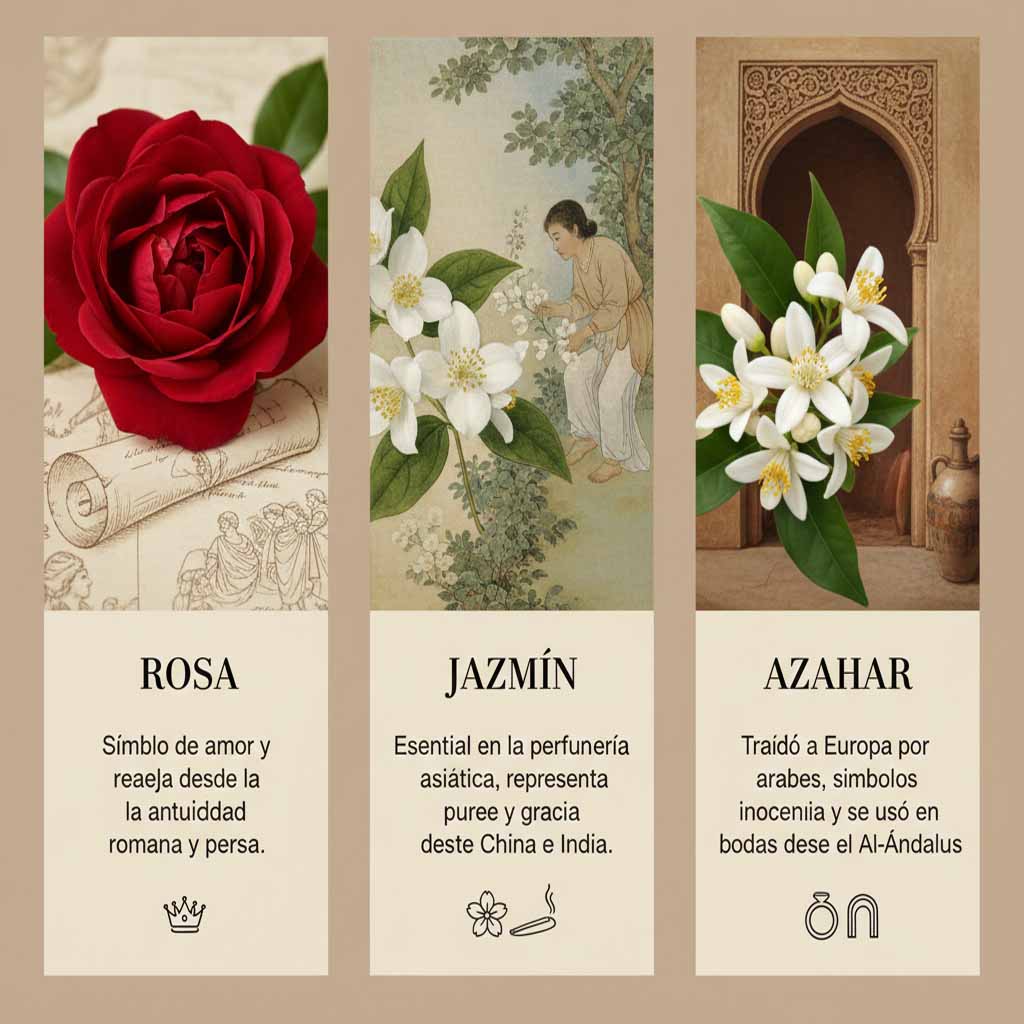 Notas florales clásicas: rosa, jazmín, azahar y su historia.
